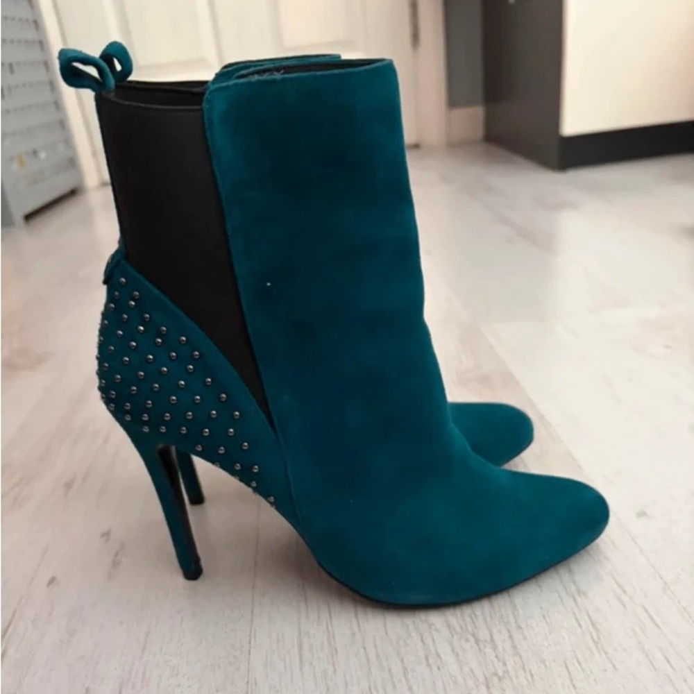 Elegant Teal Heeled Boots with Studded Accents